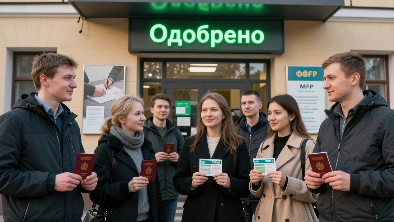 Люди в Санкт-Петербурге получают одобрение социального кредита в МФЦ при утреннем свете.