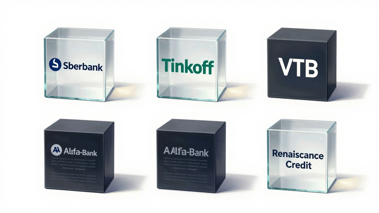 Пять банков в прозрачных коробках с четкими ценами на белом фоне.