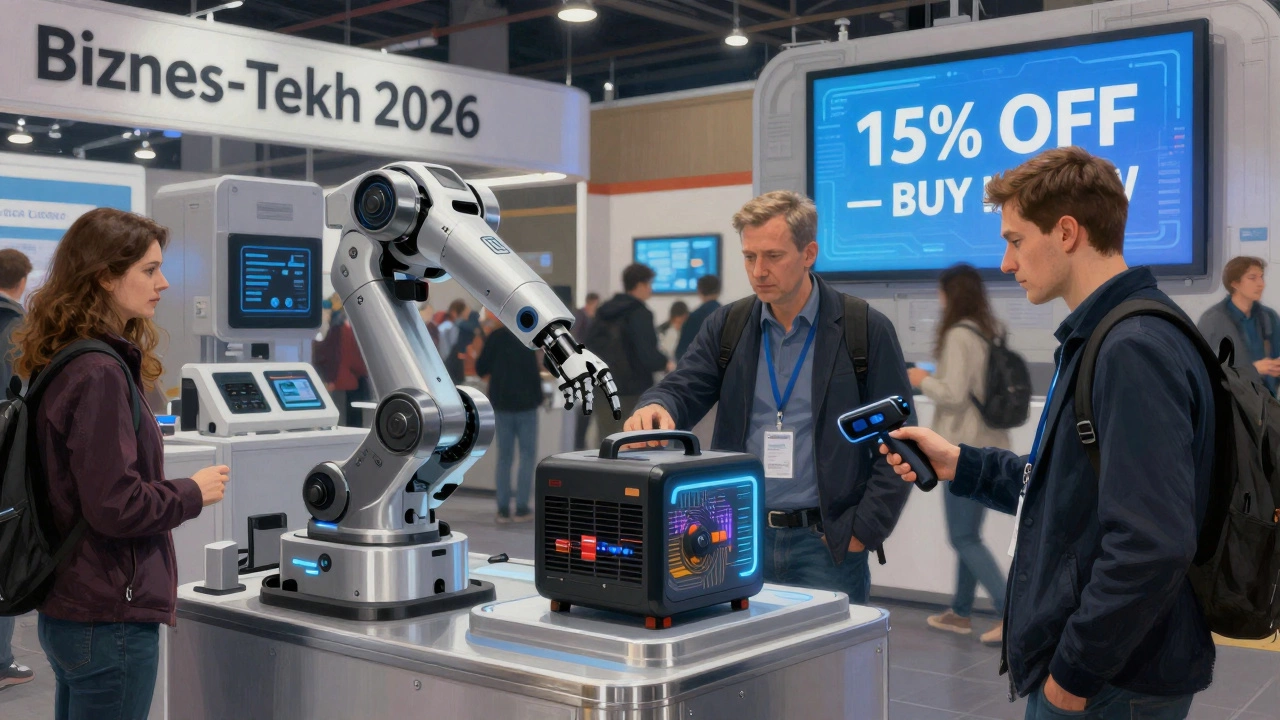 Посетители тестируют оборудование на выставке бизнес-технологий.