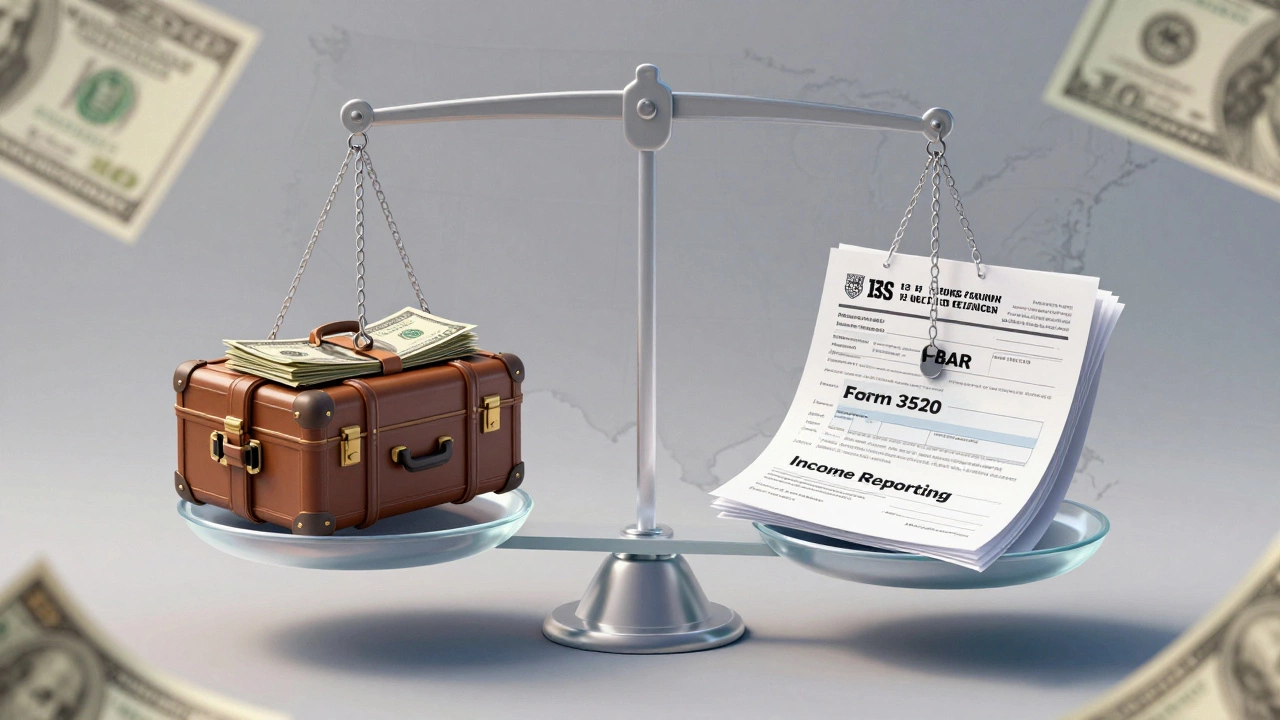 Прозрачные весы с деньгами и налоговыми формами, символизирующие баланс между финансами и законом.