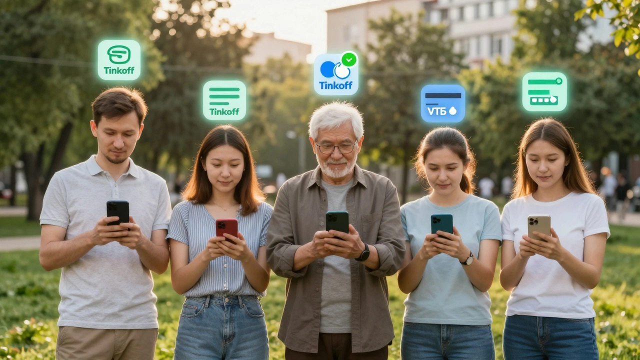 Разные люди получают одобрение кредитов через банки в парке, над их головами — цифровые значки платежей и одобрений.