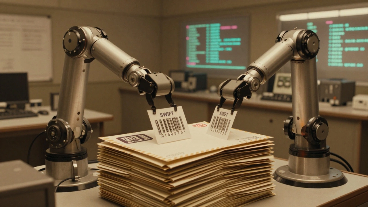 Роботы сортируют письма с штрих-кодами SWIFT в стиле винтажной телекоммуникационной станции.