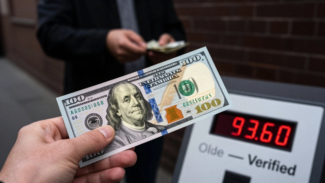 Рука держит настоящую купюру под светом — видны водяной знак, рельеф и металлическая нить, рядом — тень частного обмена.