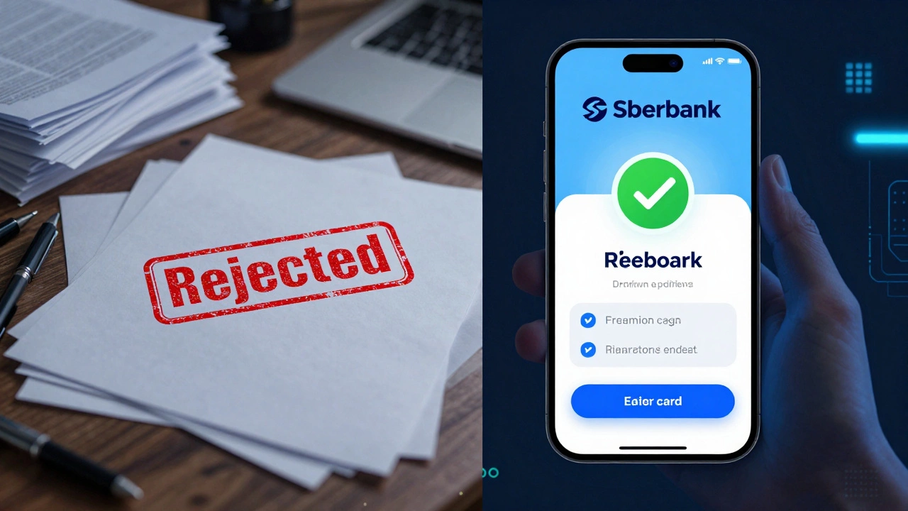 Сравнение: хаос бумажных справок слева и мгновенное одобрение кредита на экране телефона справа.