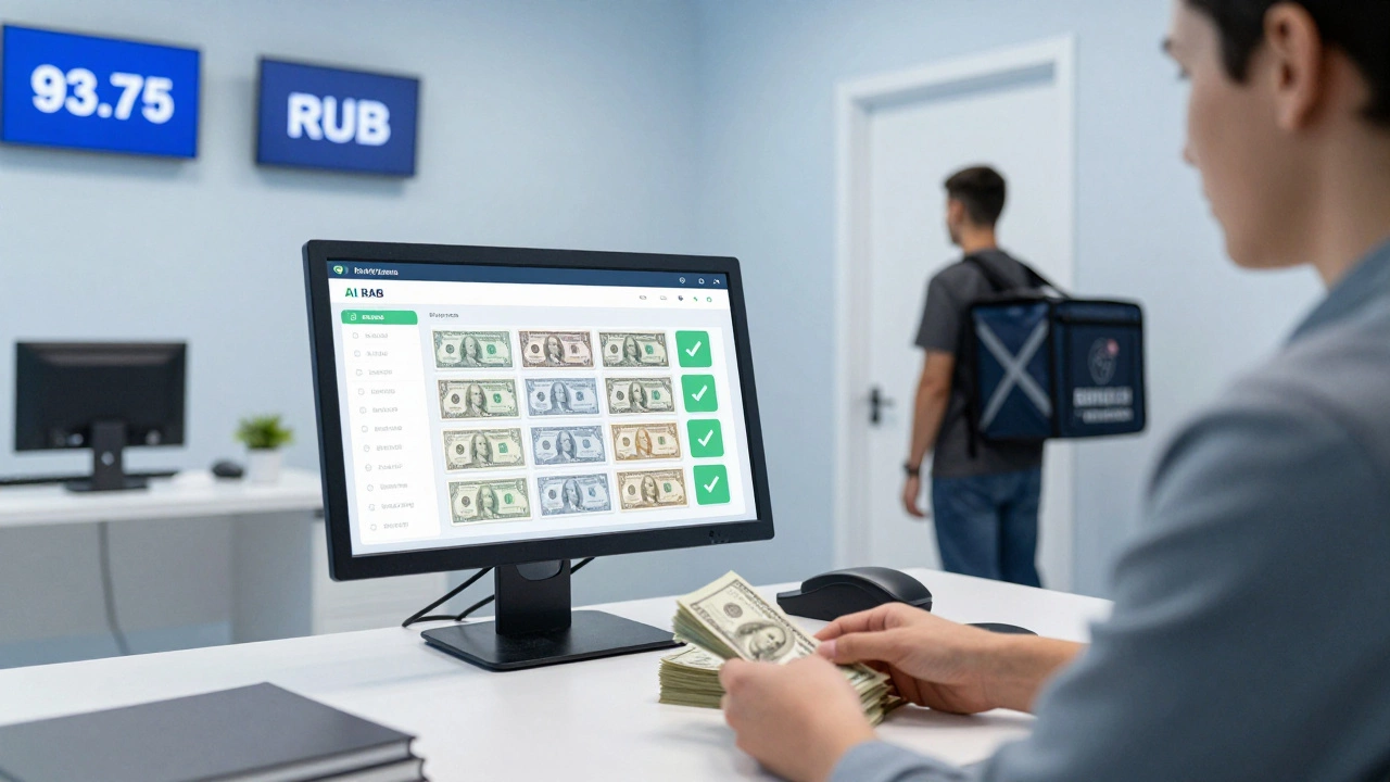В офисе онлайн-обменника доллары сканируются AI-системой, курьер ждёт у двери.