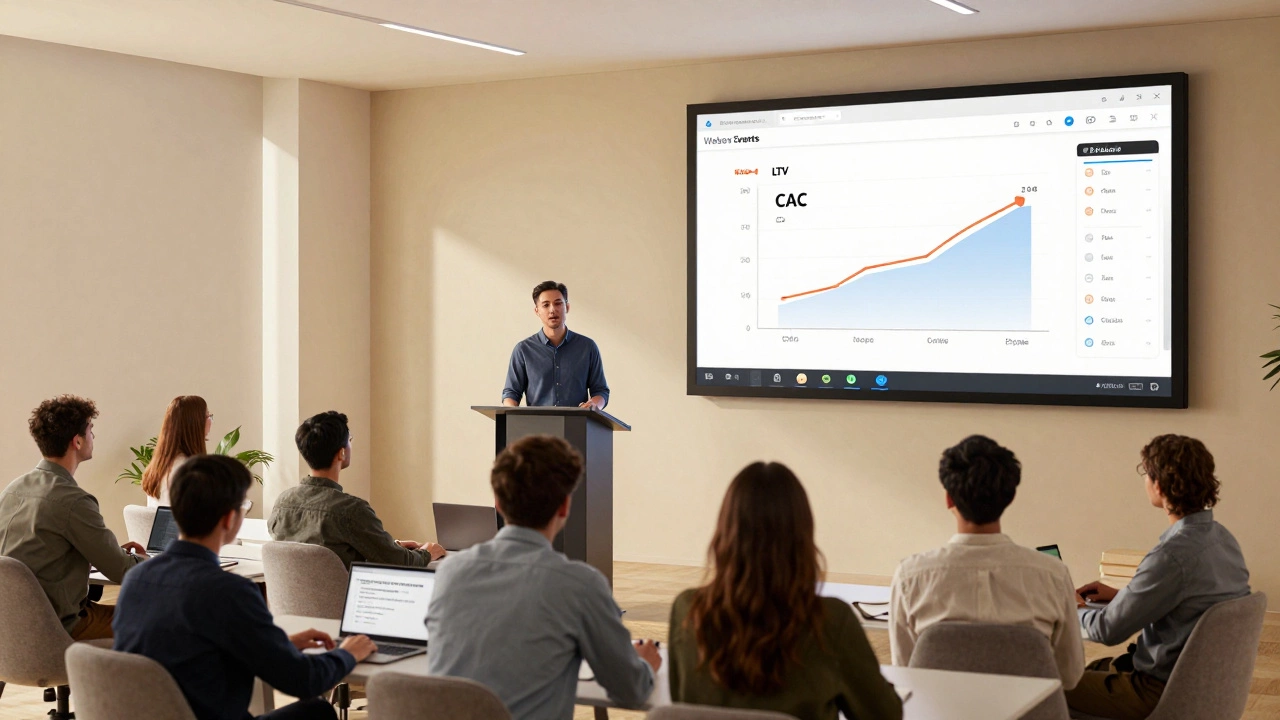 A startup founder presenting metrics via video to investors in a moderated online pitch session.