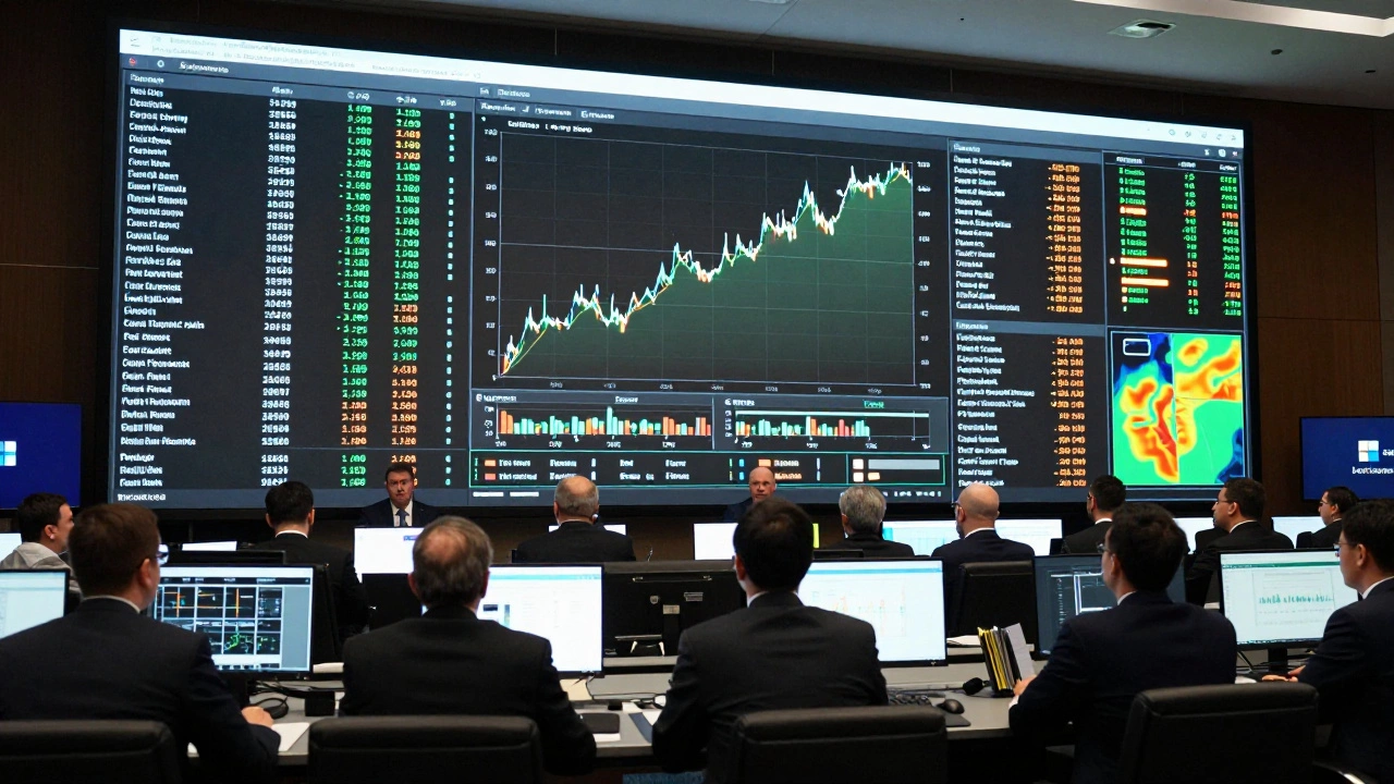 Bank executives analyzing a financial risk simulation dashboard during an online conference.