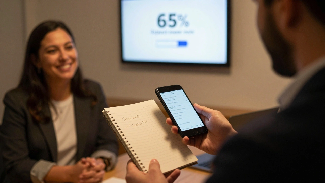 Бизнесмен отправляет персональное сообщение после мероприятия, гость держит блокнот с одним советом.