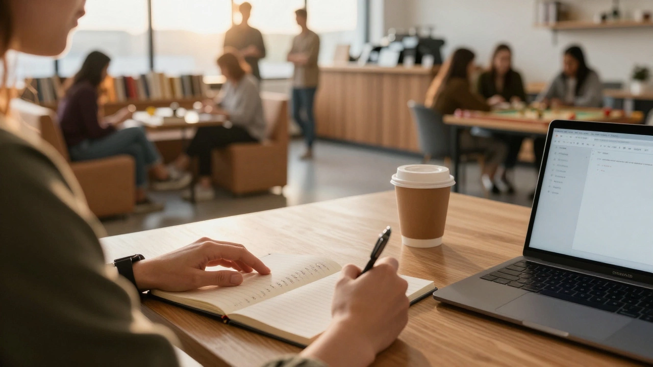 Человек записывает личные цели на чек-листе во время мастер-класса, рядом — кофе и ноутбук.