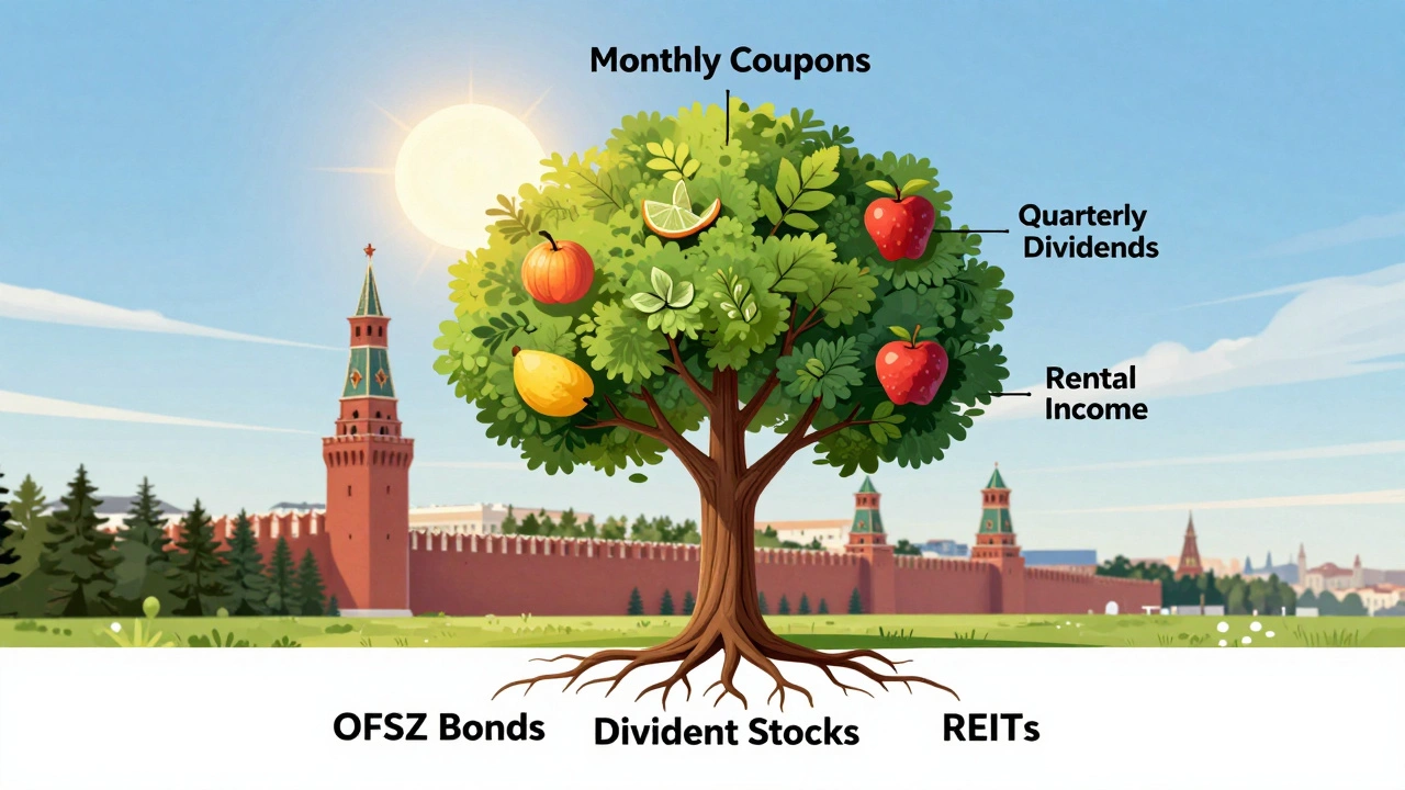 Дерево пассивного дохода с корнями из облигаций, акций и фондов недвижимости, растущее под солнцем над Кремлём.