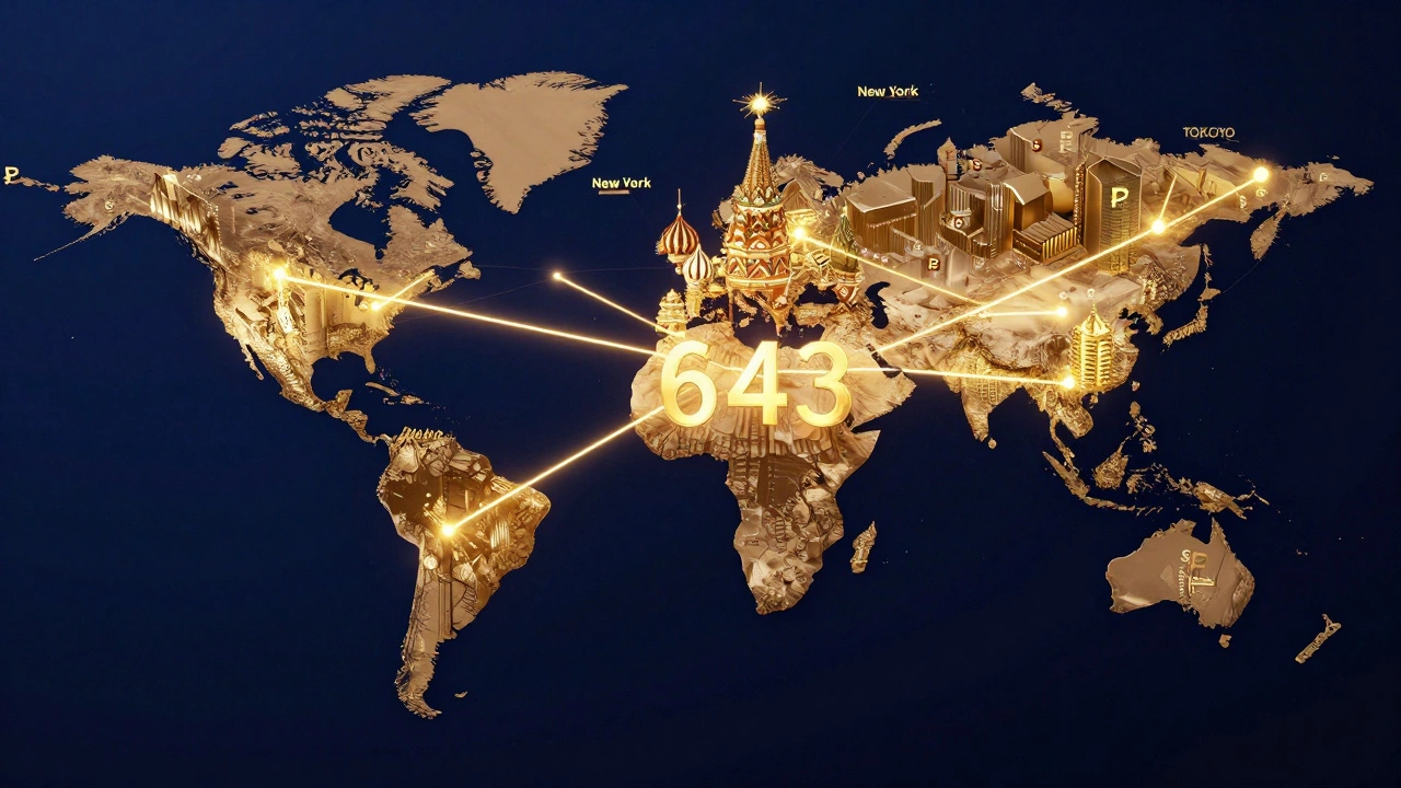 Глобальная сеть из светящихся нитей, соединяющих города, с центральным потоком, обозначенным как 643.