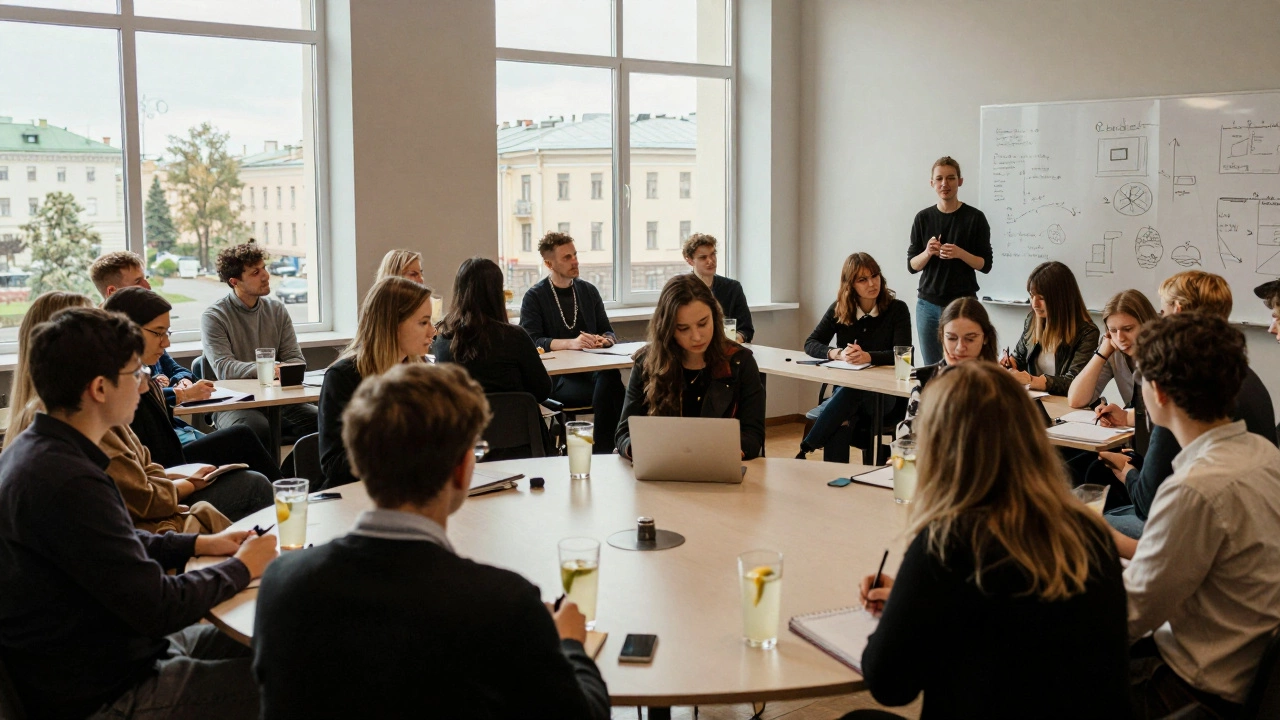 Мини-семинар с участниками за круглым столом, спикер без слайдов, за окном — вид на город.