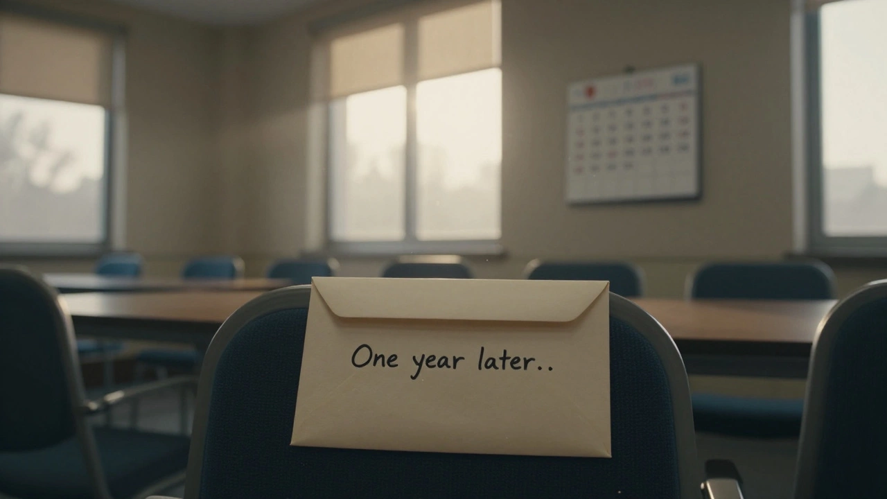 Пустая комната утром, на стуле лежит конверт с надписью 'Через год...', свет пробивается через окно.