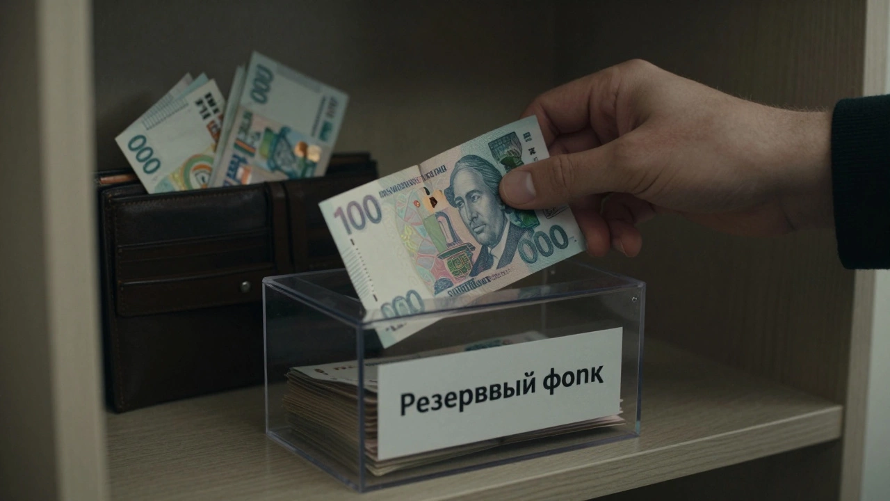 Рука кладёт деньги в закрытую коробку с надписью 'Резервный фонд', остальные деньги уходят на повседневные нужды.