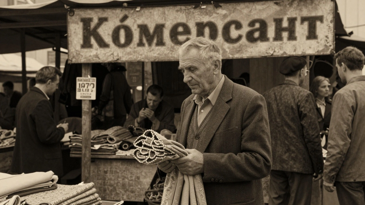 Старый коммерсант на советском рынке с тканями и покупателями в исторической одежде