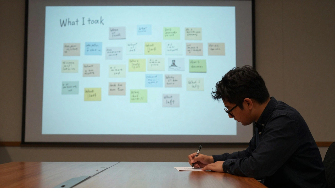 Участник пишет на листке, а на стене проецируются другие записи — 'Что я взял' и 'Что я оставил'.