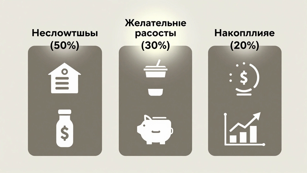 Визуальное объяснение правила 50/30/20 с иконками расходов и накоплений в трёх столбцах.