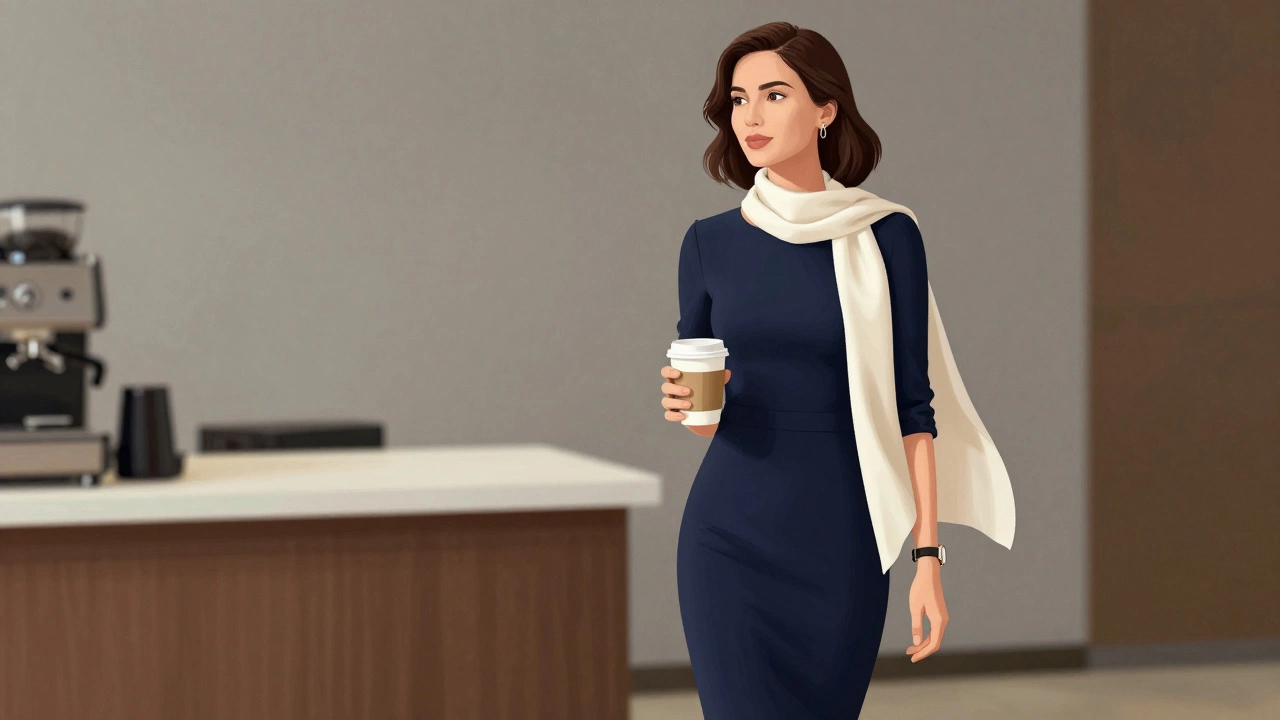 Женщина в темно-синем платье с шелковым шарфом на плечах у кофейной стойки на конференции.