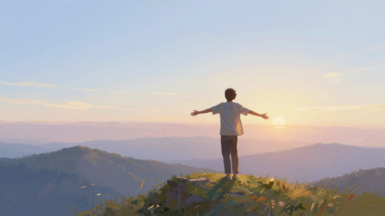 Человек на вершине горы смотрит на рассвет, символ финансовой свободы.