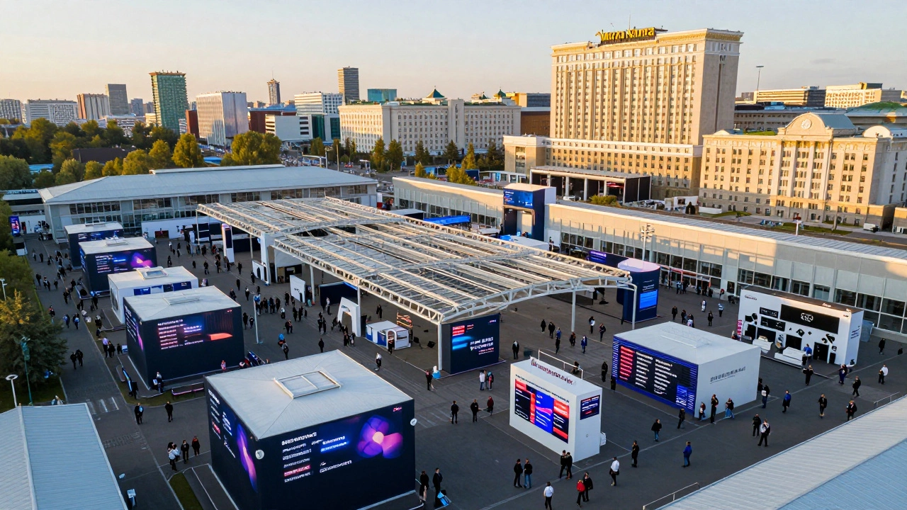 Крокус Экспо в Москве во время крупной международной конференции, тысячи участников в пространстве с цифровыми экранами.