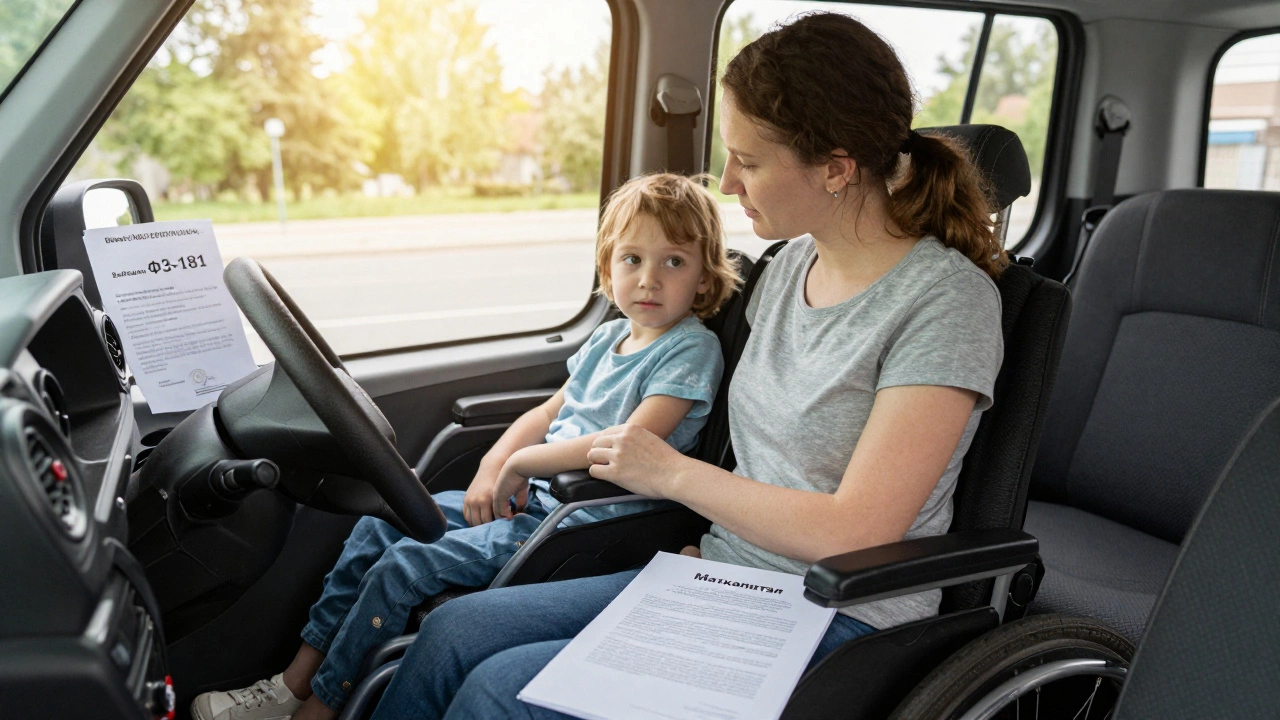 Мать с ребенком-инвалидом в адаптированном автомобиле с уведомлением о специальной выплате.