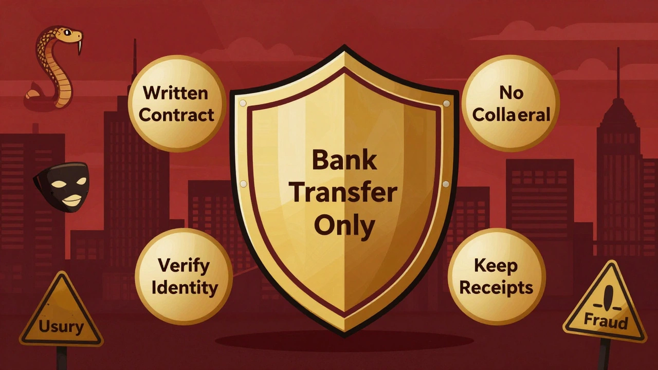 Пять правил защиты при займе между физлицами, оформленные как щит с защитными символами.