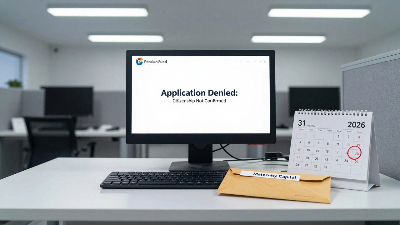 Пустой стол в офисе Пенсионного фонда с отказом в материнском капитале и календарём на 31 декабря 2026 года