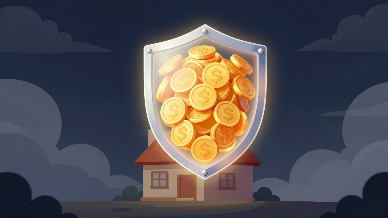 Щит из золотых монет защищает дом от шторма, финансовая подушка.