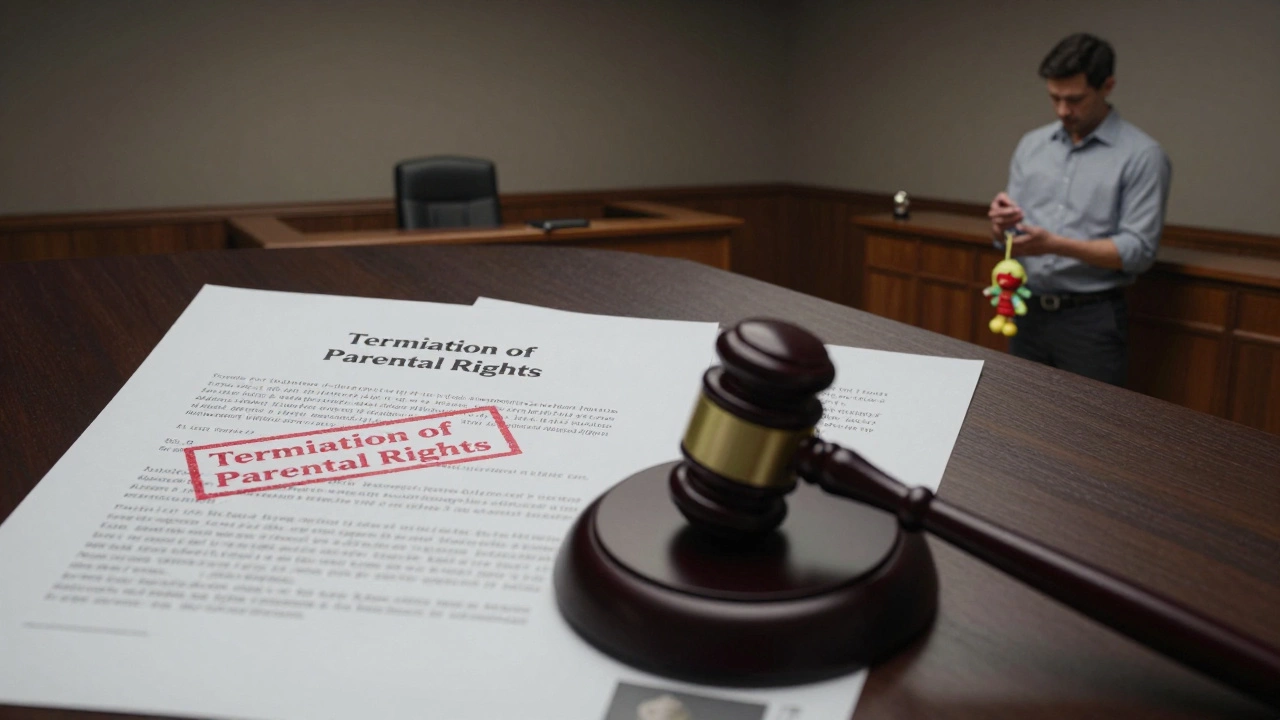 Судебное заседание, где документ о лишении родительских прав лежит на столе, отец стоит в углу с детской игрушкой
