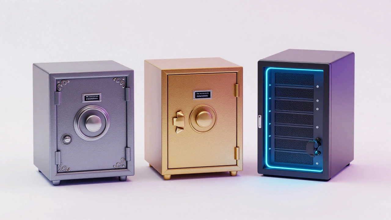 Три разных хранилища для денег рядом с сервером, символ распределения рисков.