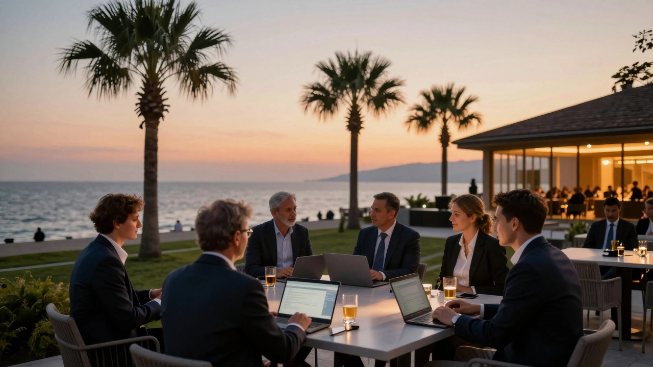 Участники конференции на террасе Сочи Парк с видом на Чёрное море, расслабленная атмосфера на закате.