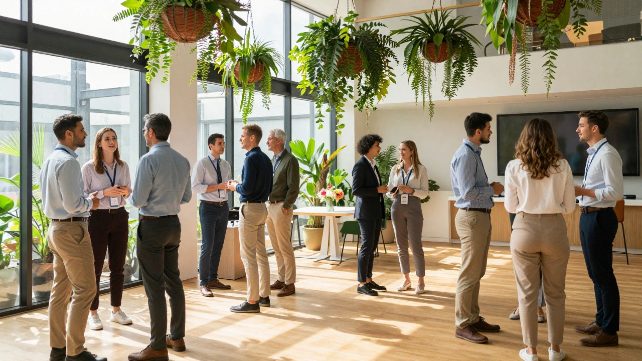 Участники конференции общаются в светлом зале с множеством растений.