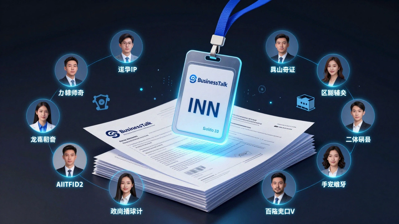 Верифицированный цифровой идентификатор бизнеса с ИНН и документами, окруженный аватарами проверенных участников.