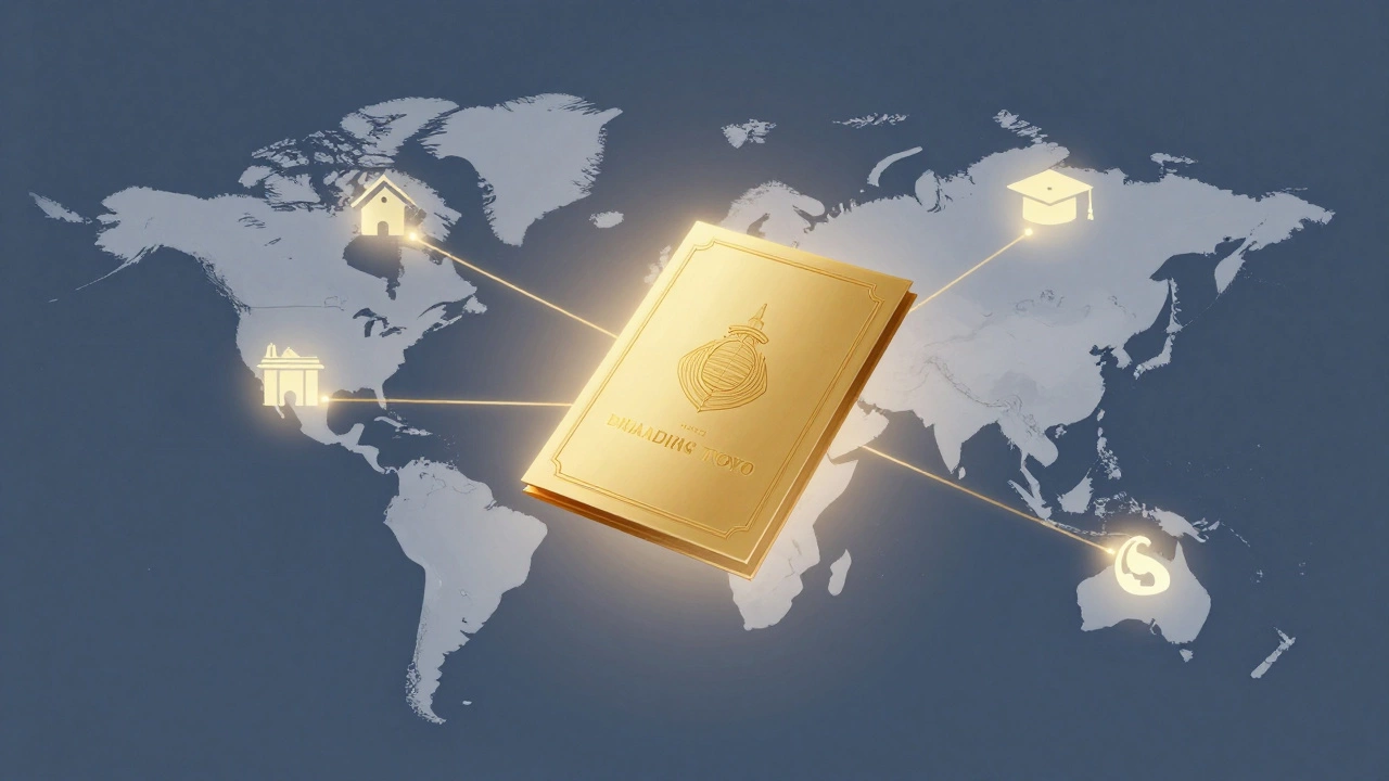 Золотой сертификат материнского капитала над картой мира с ключевыми городами и символами использования средств.