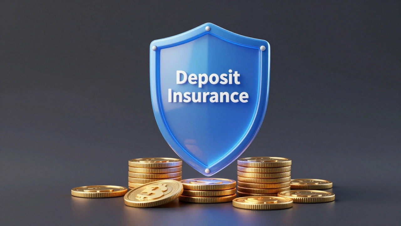 Золотые монеты под светящимся синим щитом безопасности на черном фоне.