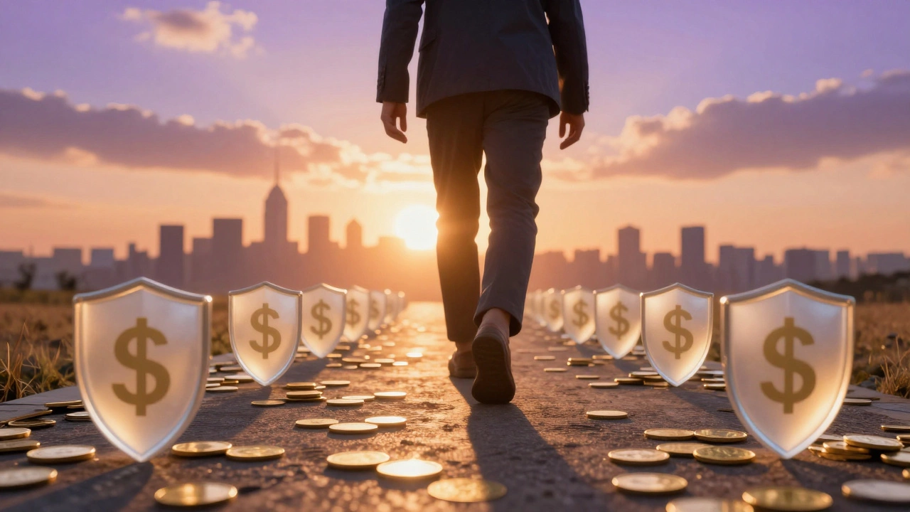 Человек идет по золотой дороге к финансовому благополучию