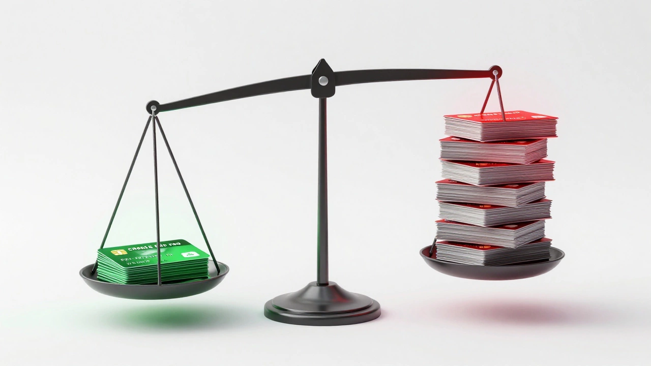 Цифровые весы, где перевес множества кредитных карт отмечен красным предупреждающим светом.