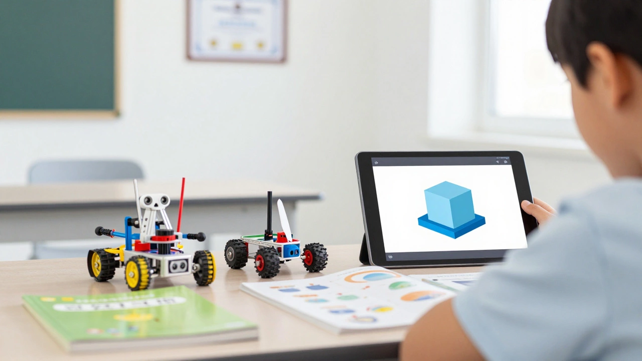 Детский набор для робототехники и учебники на столе в классе