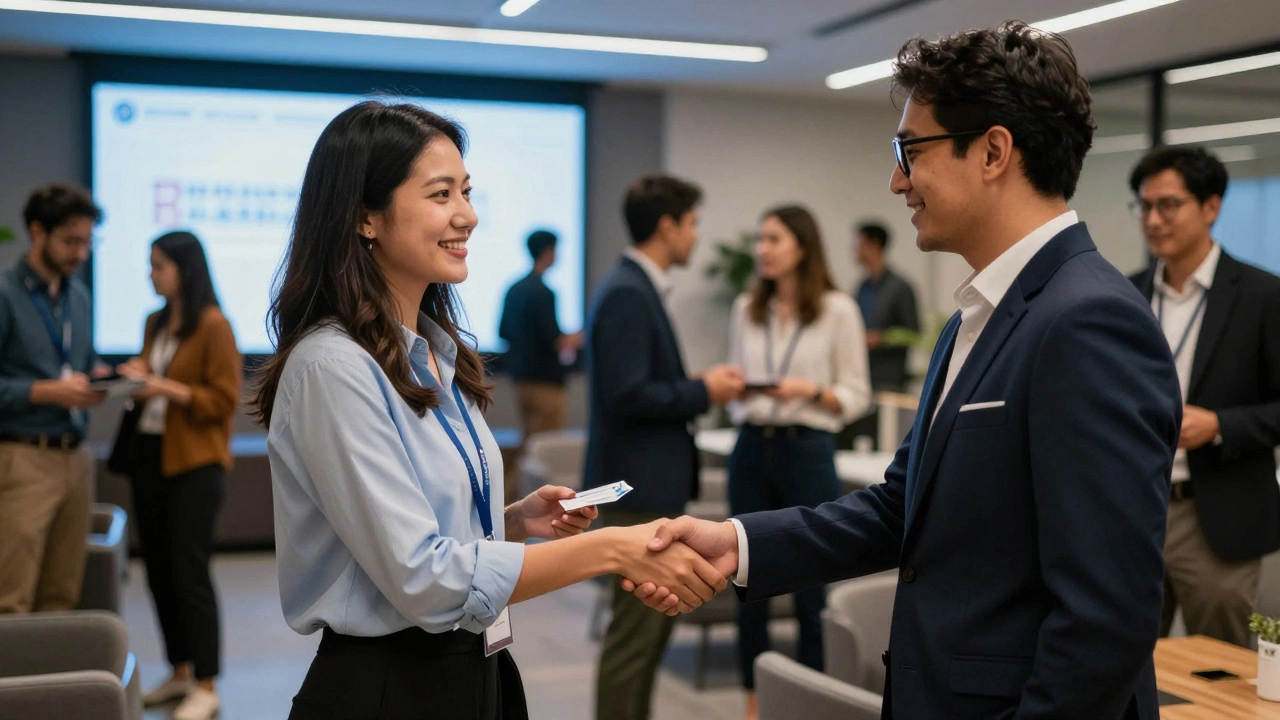 Два бизнесмена обмениваются контактами в лаунж-зоне деловой конференции