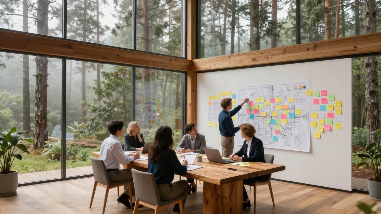 Группа руководителей проводит стратегическую сессию на выездном ретрите в лесу