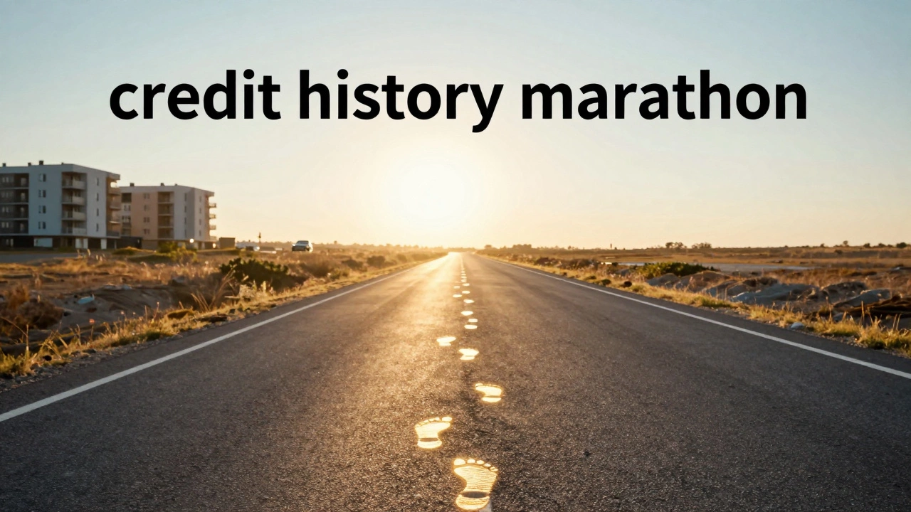 Метафорическая дорога к финансовым целям с отпечатками шагов, символизирующими кредитную историю.