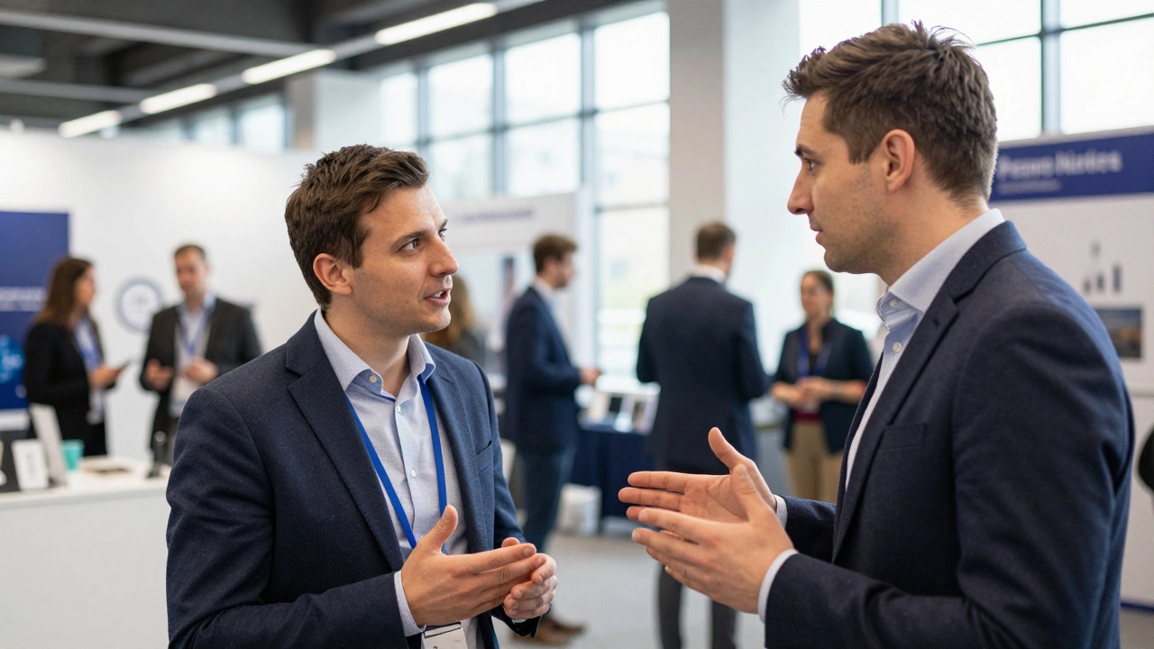Предприниматели общаются на современном бизнес-форуме