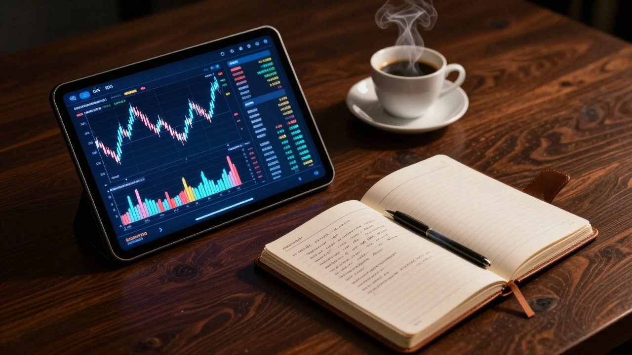 Рабочий стол финансиста с графиками на планшете и бизнес-заметками