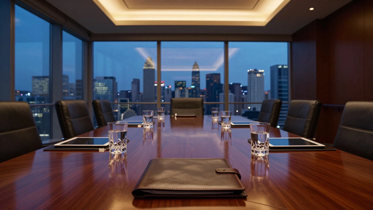 Роскошный зал для совещаний в бизнес-отеле с видом на город