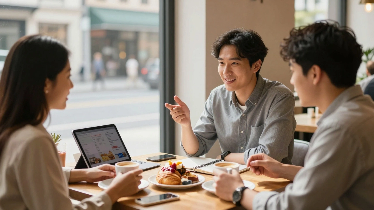 Три предпринимателя обсуждают партнерство за бизнес-завтраком в уютном кафе
