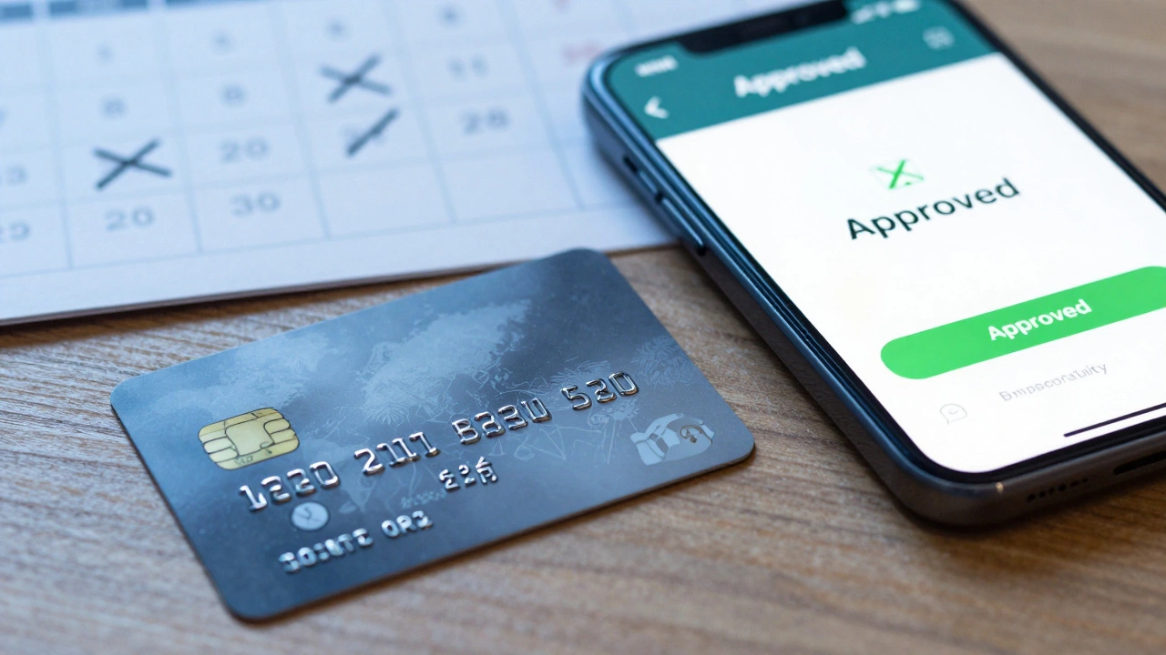 Кредитная карта и смартфон с приложением банка на деревянном столе