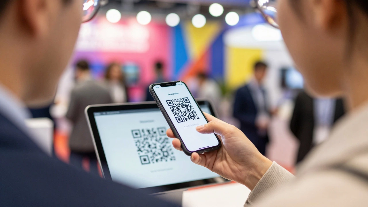 Бизнесмены обмениваются контактами через QR-код на выставке
