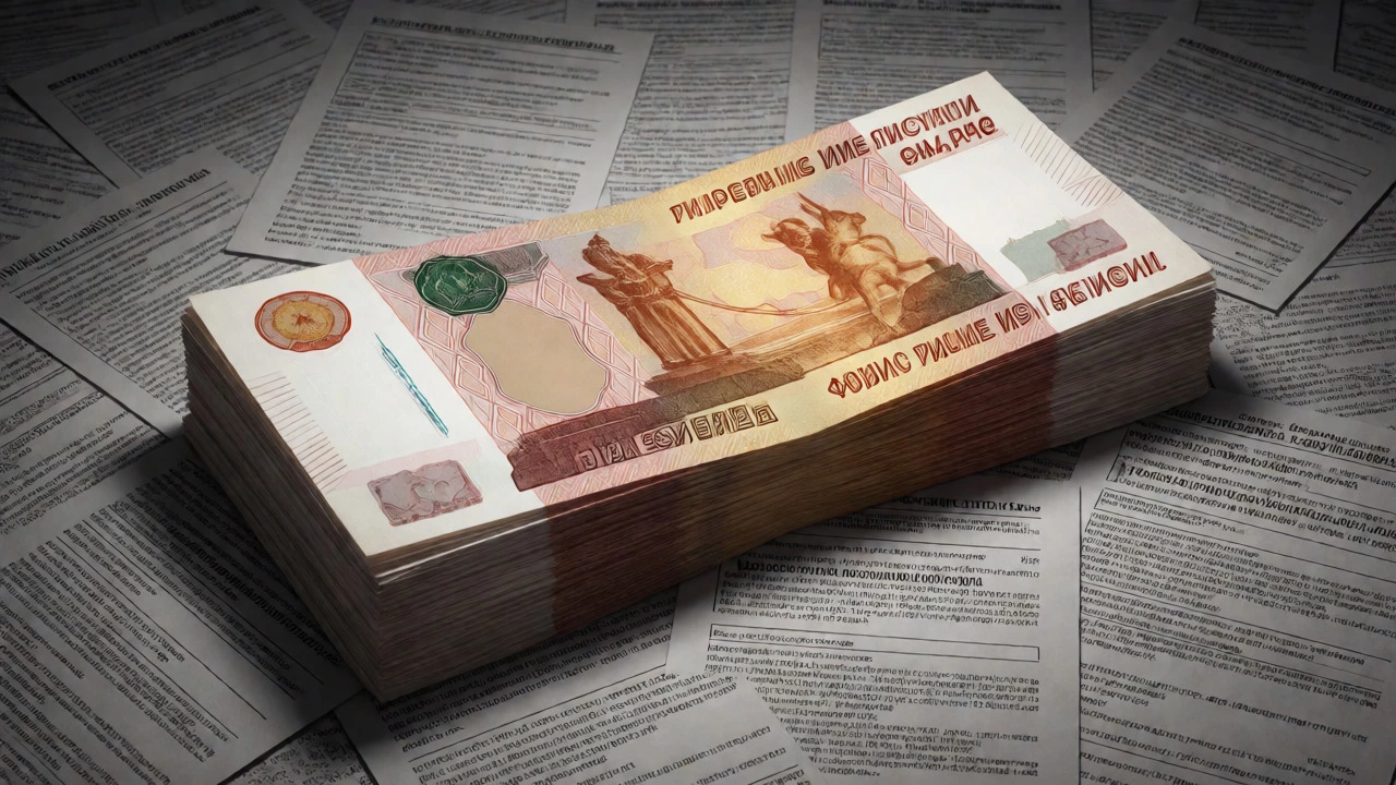 Рублевые купюры, обвитые документами страхования и мелким шрифтом